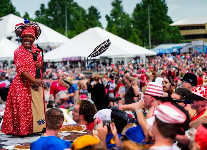 Image similar to photo still of aunt jemima in period attire at vans warped tour!!!!!!!! at age 4 0 years old 4 0 years of age!!!!!!! on stage throwing pancakes to the crowd, 8 k, 8 5 mm f 1. 8, studio lighting, rim light, right side key light