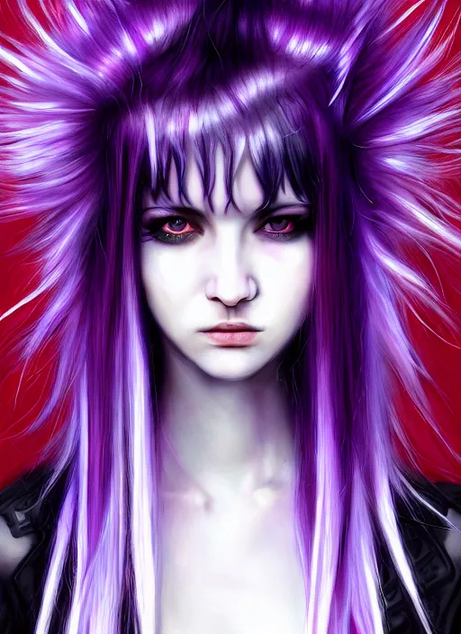 Image similar to hair whitebangs hair, black cyberlox, portrait of normal teenage girl, white bangs, messy bangs, fluffy bangs, cyberlox, whitebangs, red irises, purple background, intricate, elegant, highly detailed, digital painting, artstation, concept art, sharp focus, smooth, illustration, art by wlop, mars ravelo and greg rutkowski