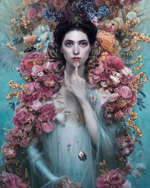 Image similar to portrait of the spanish queen of the underworld, surrounded by flowers by karol bak, james jean, tom bagshaw, rococo, sharp focus, trending on artstation, cinematic lighting, hyper realism, octane render, 8 k, hyper detailed.