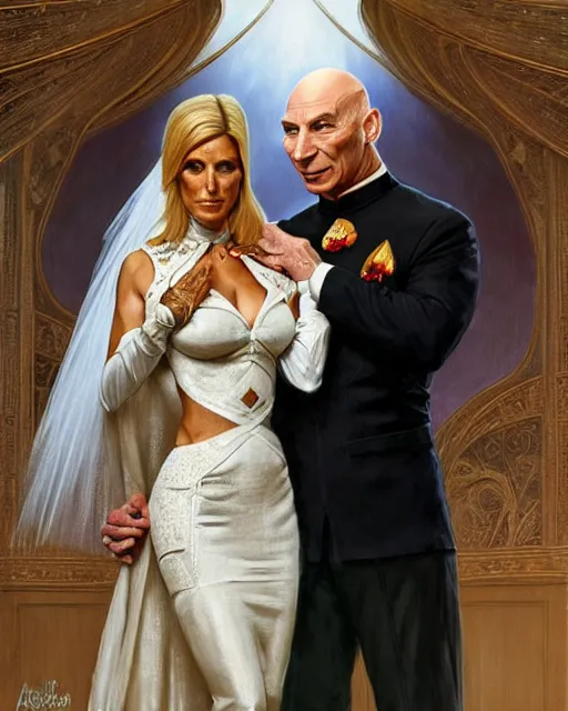 Image similar to Painting of Jean Luc Picard and Jodie Marsh getting married, real life skin, intricate, elegant, highly detailed, artstation, concept art, smooth, sharp focus, art by artgerm and greg rutkowski and alphonse mucha