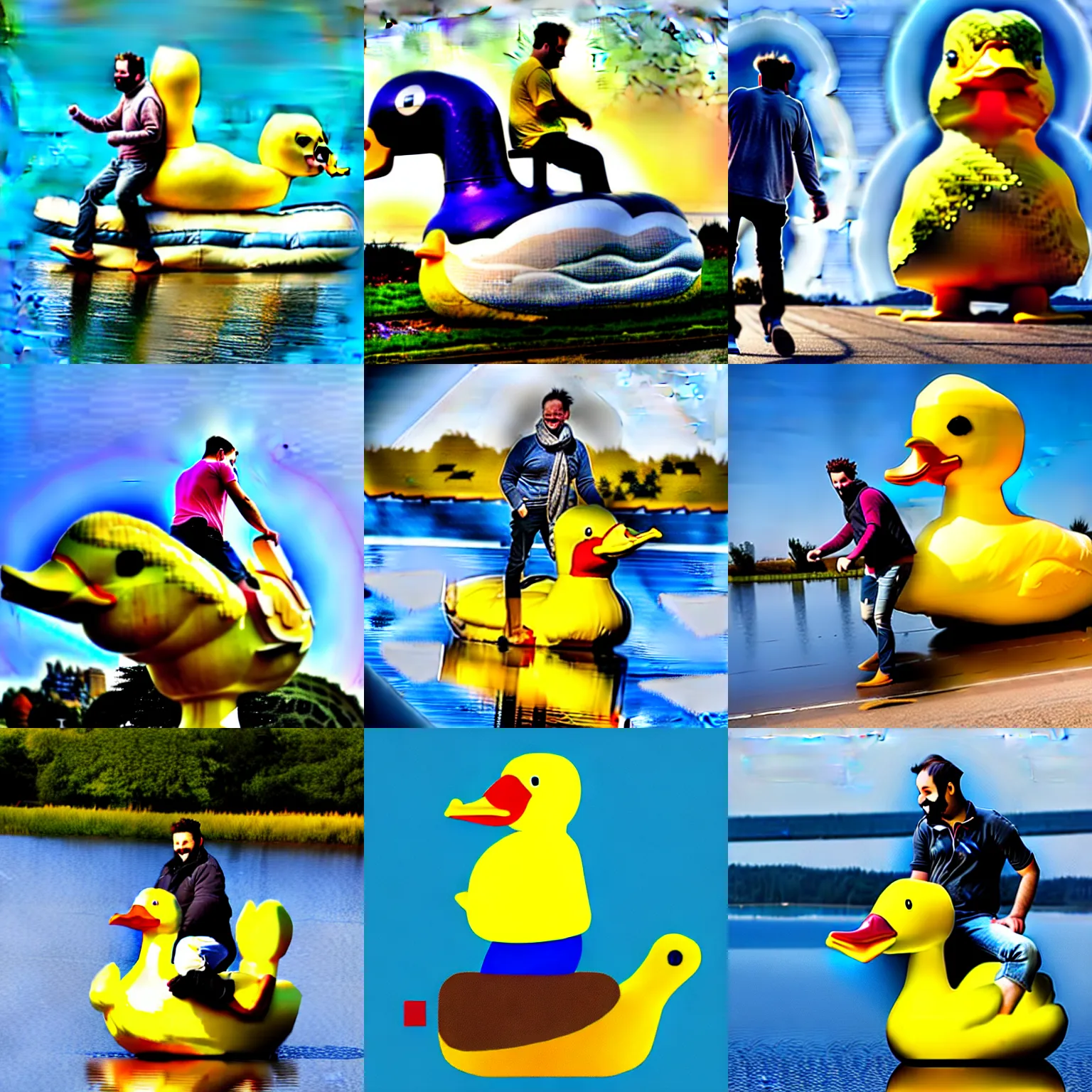 Prompt: man riding a giant duck