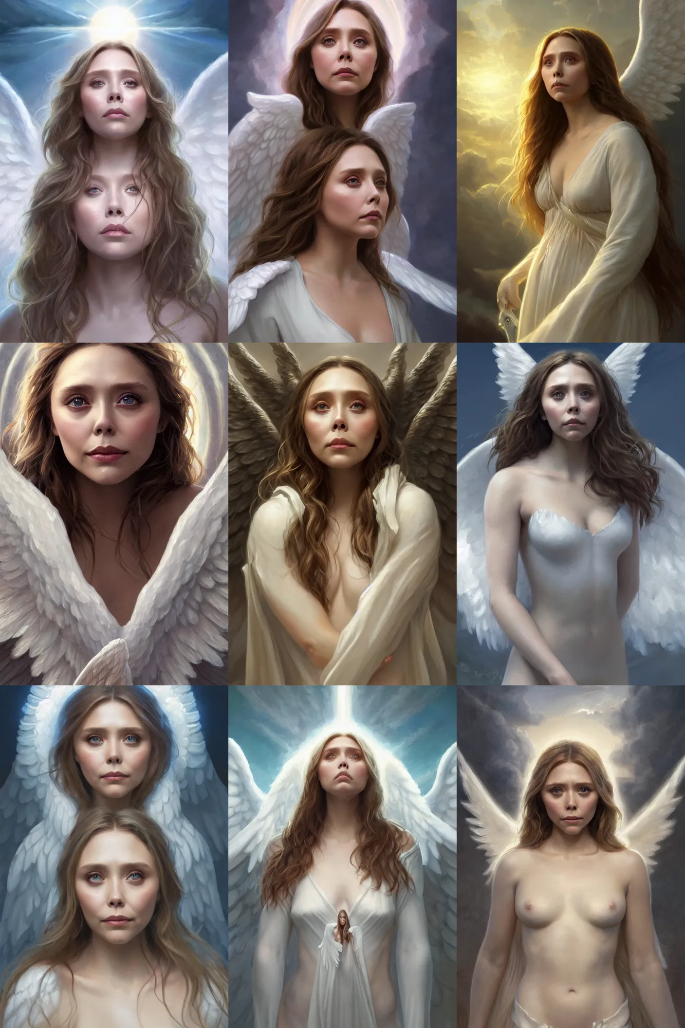 Prompt: elizabeth olsen as a heavenly angel, anatomy, bathing in light, highly detailed, digital painting, artstation, concept art, smooth, sharp focus, illustration, unreal engine 5, 8 k, art by art by artgerm and greg rutkowski and edgar maxence and gustave courbet