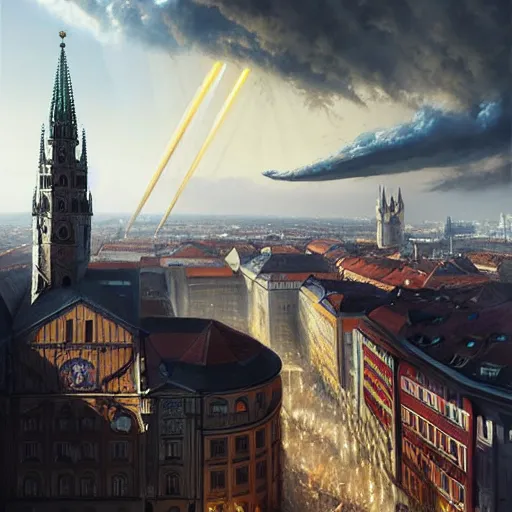 Image similar to , city of munich!!!, huge bright spot falling from the skies!!!, people running in panic!!, hyperrealistic, highly detailed, cinematic, daylight, beautiful, cgssociety, artstation, 8 k, oil painting by greg rutkowski, by artgerm, by wlop