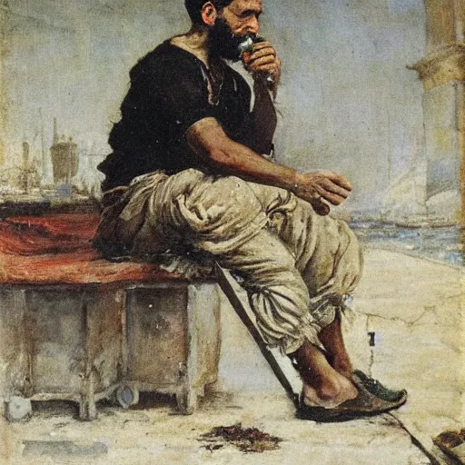 Image similar to Ferdinand Magellan eating cement, oil on canvas, by Juan Luna