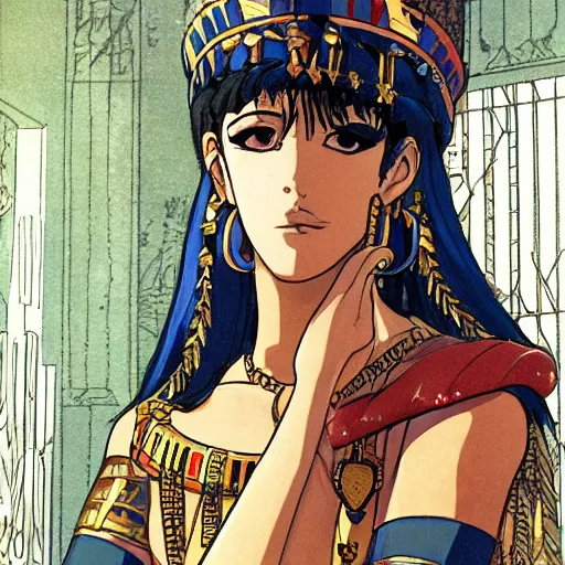 Image similar to Cleopatra of Egypt in her palace, relaxed and candid, anime portrait by Satoshi Kon and Yoji Shinkawa