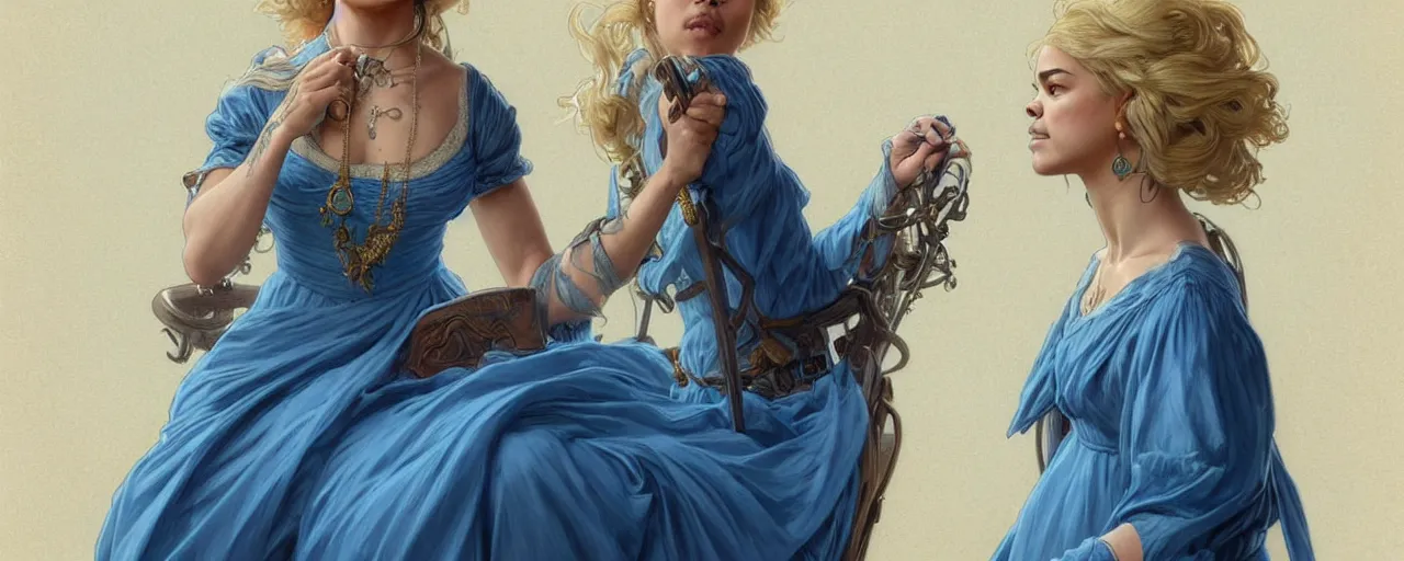 Image similar to full figure ultra realistic illustration, tessa thompson wearing a maiden blue dress, blonde flowy hair, old west, intricate, elegant, highly detailed, digital painting, artstation, concept art, smooth, sharp focus, illustration, art by artgerm and greg rutkowski and alphonse mucha