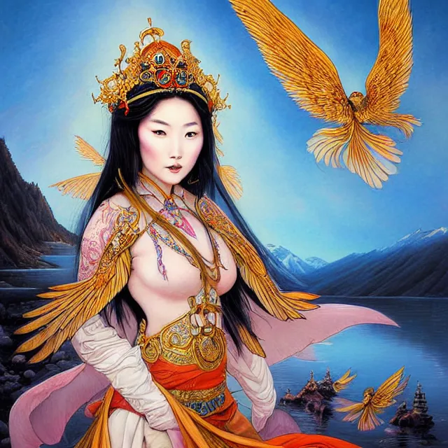 Prompt: in the art style of bagshaw tom artgerm and bowater, charlie, by bagshaw tom, artgerm and bowater, charlie, portrait of a beautiful asian mongolian princess goddess spreading its wings, portrait of princess wearing a beautiful ornate crown, in the background lake baikal is seen