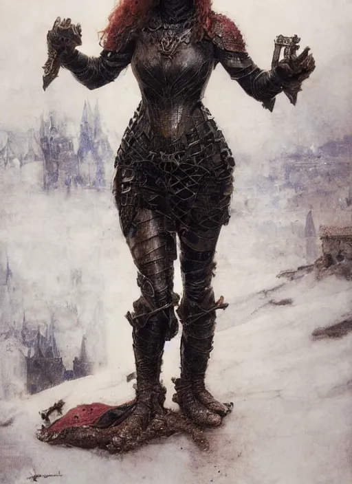 Image similar to young beautiful mischievous redhead emilia clarke wearing full body black medieval armour, detailed, by gaston bussiere, bayard wu, greg rutkowski, giger, maxim verehin, greg rutkowski, masterpiece, sharp focus, cinematic lightning