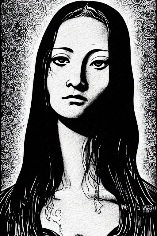 Image similar to beautiful portrait of a woman, negative no not mona lisa pose, highly detailed ink illustration of a dark alley of taipei, b & w clean shaped illustration by kim jung gi, ric estrada, ron english and eiichiro oda