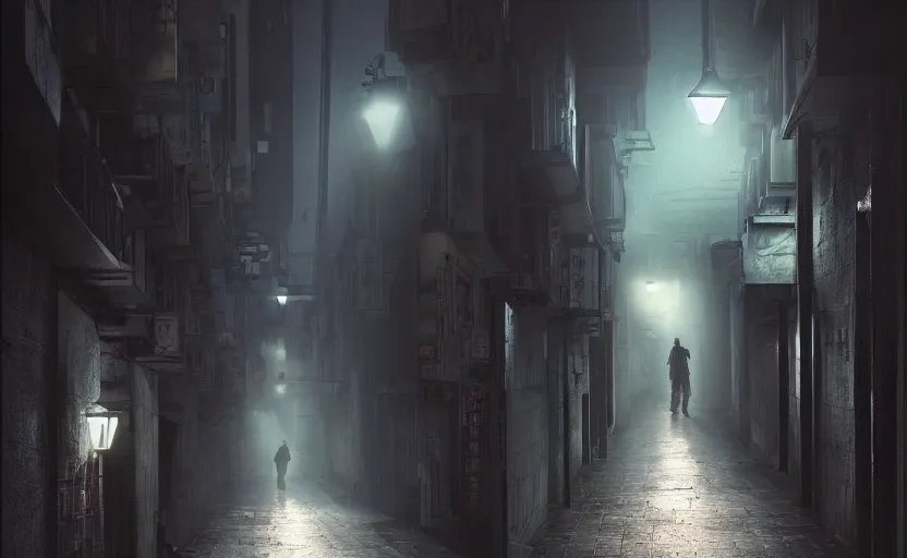Image similar to dim lit, hongkong dark alley street with a man walking, depth of field, very atmospheric, matte painting, artstation