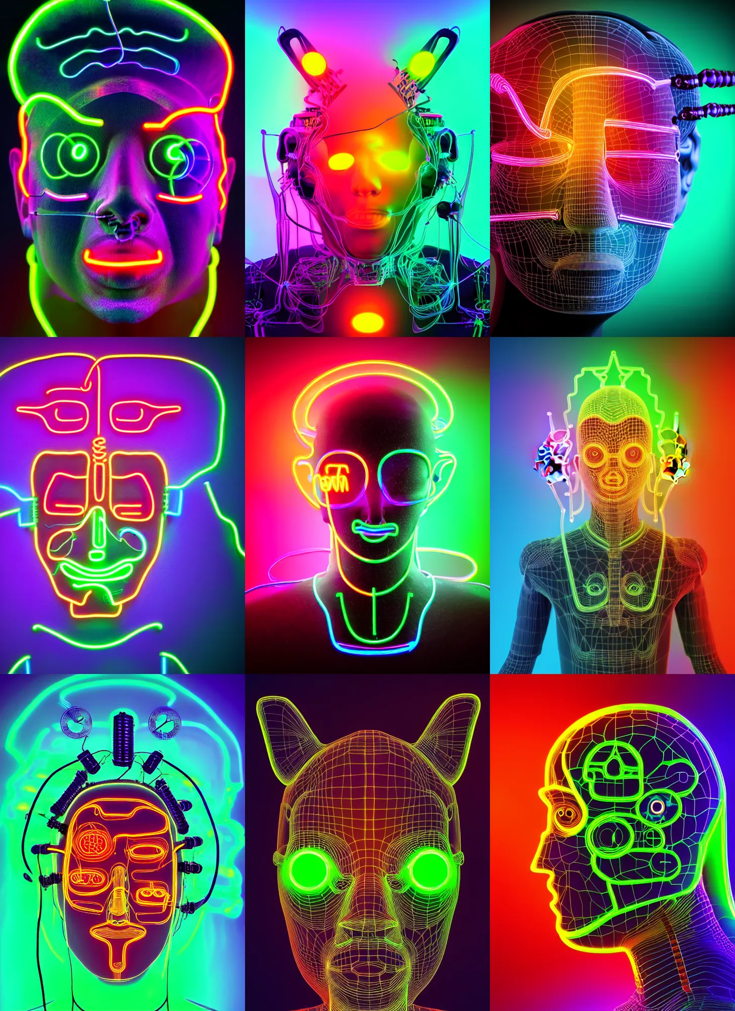 Prompt: neural colorful neon glowing connections in the 3 d brain with threads to eyes on the head of a cyborg in shiny magic fog, three heads, two eyes, bat ears, big mechanical neon body, caterpillar antennae, robotic mouth, mechanical face, x - ray, ultra realistic, hight detailed, steampunk, portrait, 4 k