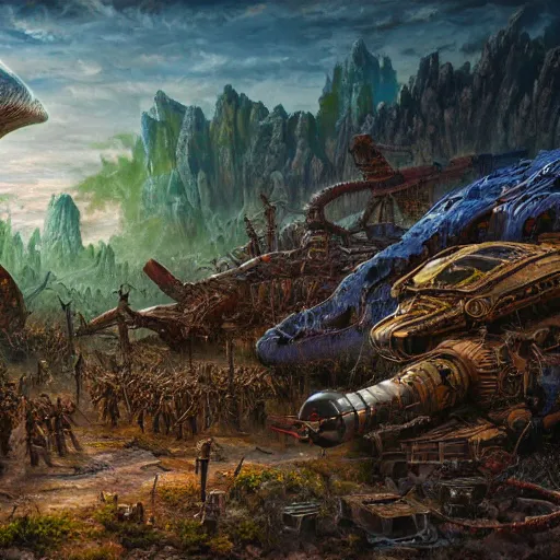 Image similar to extraterrestrial brutal warfare between rival warlords, violent, on ancient post - apocalyptic planet, jim henson creature shop, vivid and colorful, thomas kincaid, cinematic, oil painting, highly detailed, illustration