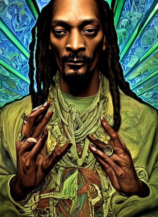 Image similar to Snoop Dog as God of Weed, brutal, epic, intricate, elegant, highly detailed, digital painting, 4k, HDR, concept art, smooth, sharp focus, illustration, art by alphonse mucha,artgerm, H R Giger