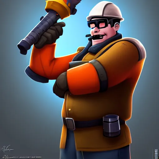 Image similar to beautiful digital painting of engineer from team fortress 2 by valve as a woman fixing a sentry, 4 k, 8 k, hd, high resolution, highly detailed, intricate detail, ultra realistic faces, digital art, trending on artstation, team fortress 2