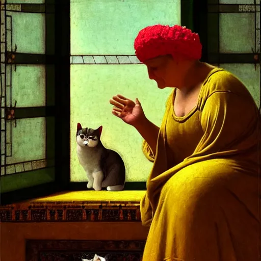 Image similar to a sweet fat old happy woman with a cat on her head. an artistic and poetic scene. jean - leon gerome, orientalism, academicism, angel, beautiful, highly detailed, color harmony, octane render, ornate, paul klee, flowers, window, zbrush, realism, darkness, alchemical, style of moebius