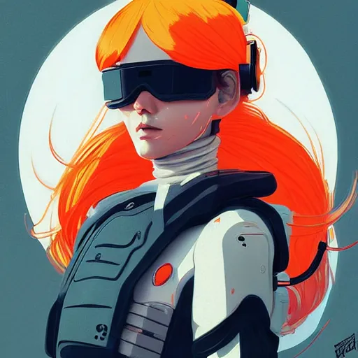 Prompt: a woman with orange hair and a white helmet, cyberpunk art by james jean, featured on cgsociety, retrofuturism, futuristic, dystopian art, ilya kuvshinov