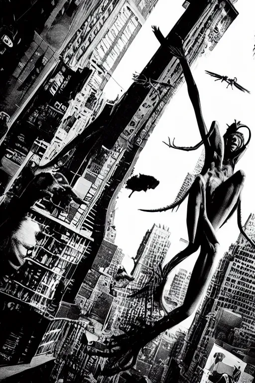 Image similar to a giant praying mantis destroys new york, horror sci - fi black and white poster