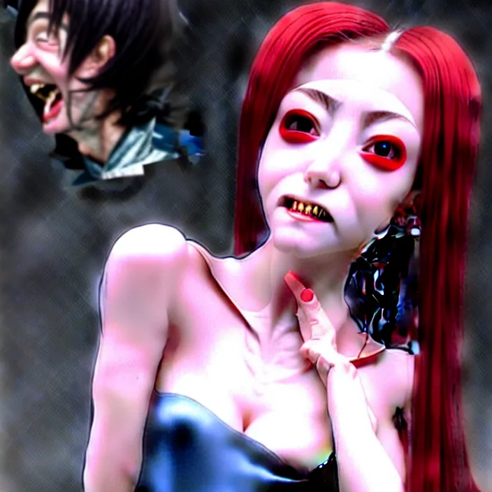 Image similar to renaissance portrait of the secretive vampire girl loner smiling at her next victim, by katsuhiro otomo, yoshitaka amano, nico tanigawa, and artgerm rendered with 3 d effect.