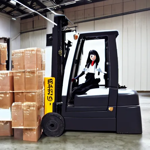 Image similar to a person cosplaying homura akemi operating a forklift