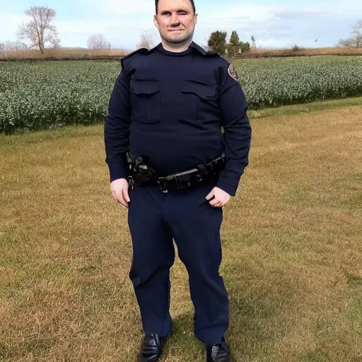 Image similar to clean - shaven chubby 3 4 year old caucasian man from uk wearing navy police sweater and necktie and black boots and police helmet. he is standing in a field.