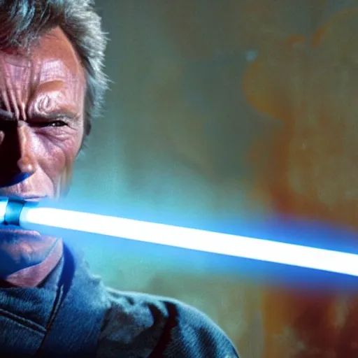 Image similar to clint eastwood holding blue lightsaber in star wars episode 3, 8k resolution, full HD, cinematic lighting, award winning, anatomically correct