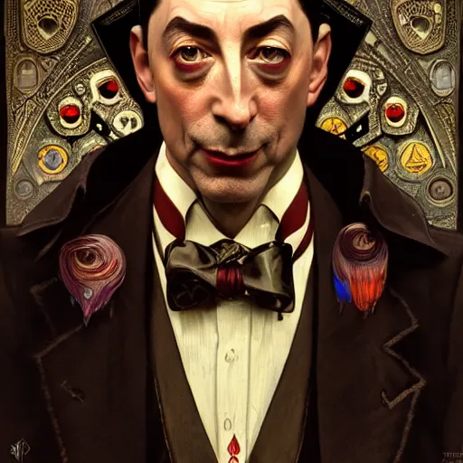 Image similar to full portrait of peewee herman king of thieves, fantasy, d & d, intricate, detailed, by by alphonse mucha, adolfo hohenstein, alice russell glenny, stanley artgerm lau, greg rutkowski, detailed, trending on artstation, trending on artstation, smooth