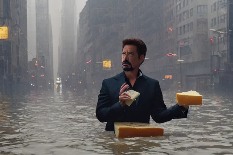 Prompt: tony stark holding cheese, flooded, new york, fog