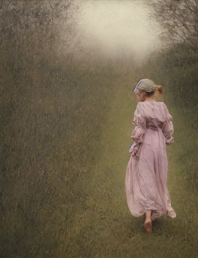 Image similar to peasant girl with long windy hair running under the rain, cottage core, cinematic focus, polaroid photo bleached vintage pastel colors high - key lighting, soft lights, foggy, by steve hanks, by lisa yuskavage, by serov valentin, by tarkovsky, 8 k render, detailed, oil on canvas