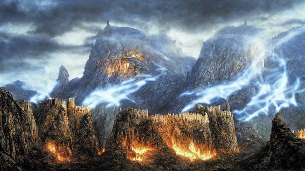 Image similar to beautiful helms deep, hornburg lit by sunshine on a bright day, by alan lee, intricate, smoke trails, lord of the rings calendar, smooth, detailed terrain, oil painting