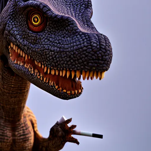 Image similar to dinosaur smoking a cigarette realistic 8 k hdr 3 5 mm