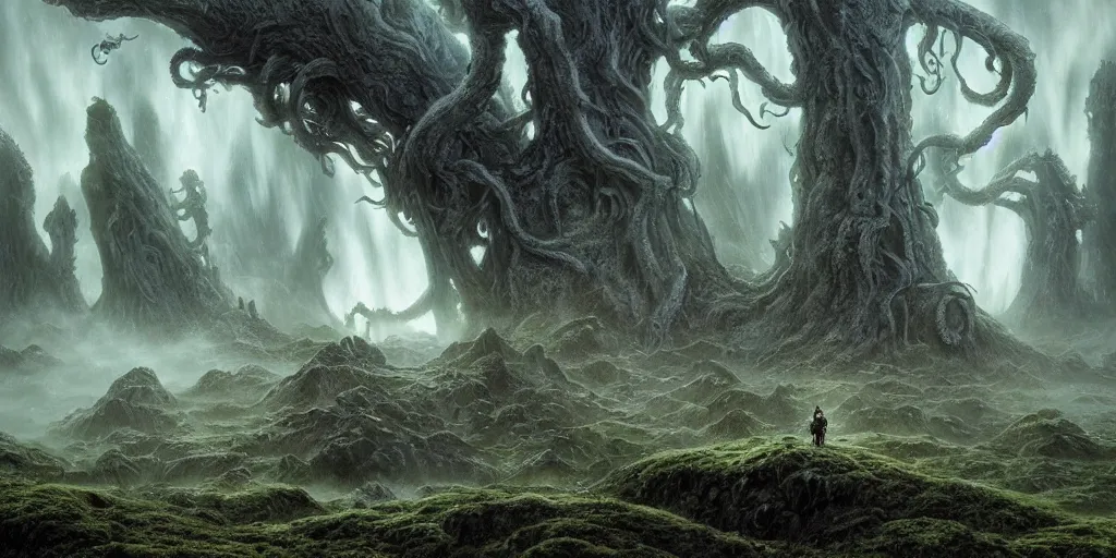 Image similar to evil eldritch lovecraftian scenery landscape, lord of the rings, aurora borealis, mist, monoliths, tentacles, fungal growths, moss highly detailed, bleak color, perfect lighting, perfect composition, 8 k, brian froud, artgerm, derek zabrocki, greg rutkowski