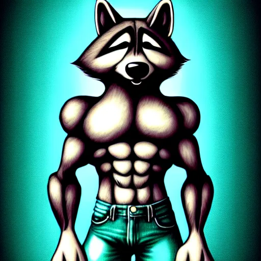 Image similar to anthropomorphic muscular teal raccoon, generic furry style, wearing jeans, deviant art, professional furry drawing, insanely detailed, artistic design, hyper detailed wolf - like face, doing a pose from jojo's bizarre adventure, detailed veiny muscles, exaggerated features, beautiful shading, dramatic lighting, jojo style