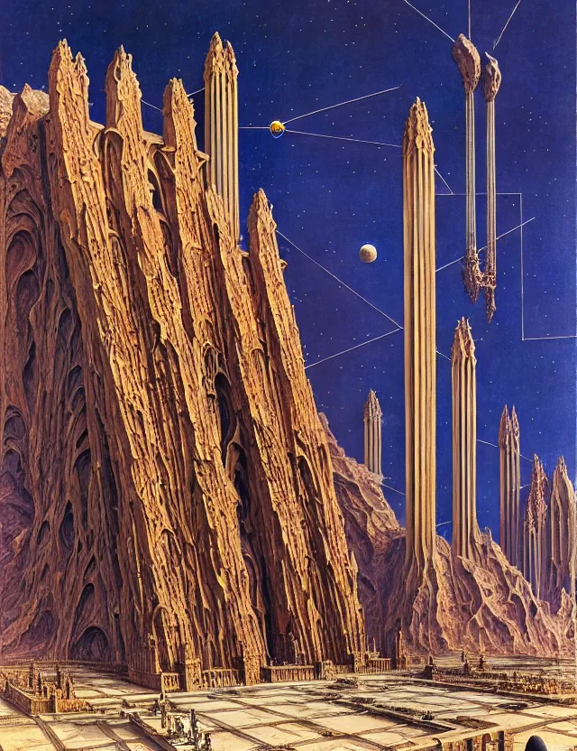 Image similar to giant immense crematorium advanced technology sci - fi architectural structure on desert planet, gothic architecture fantasy, d & d, intricate, painting by lucian freud and mark brooks, bruce pennington