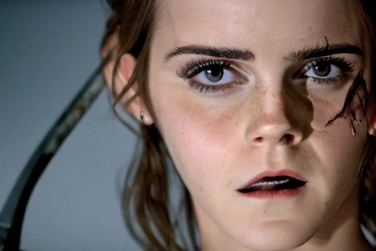 Image similar to Emma Watson as a killer in a psychological horror movie, cinematic lighting, blood droplets, holding an axe, creepy