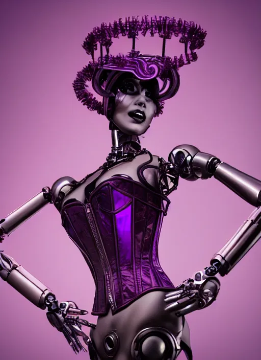 Image similar to beautiful female robot, wearing an intricate purple corset, burlesque, perfect features, anatomically correct, arms by her side, symmetrical facial features, expression of longing for more, elegant, futuristic, fantasy, artsy, digital art,