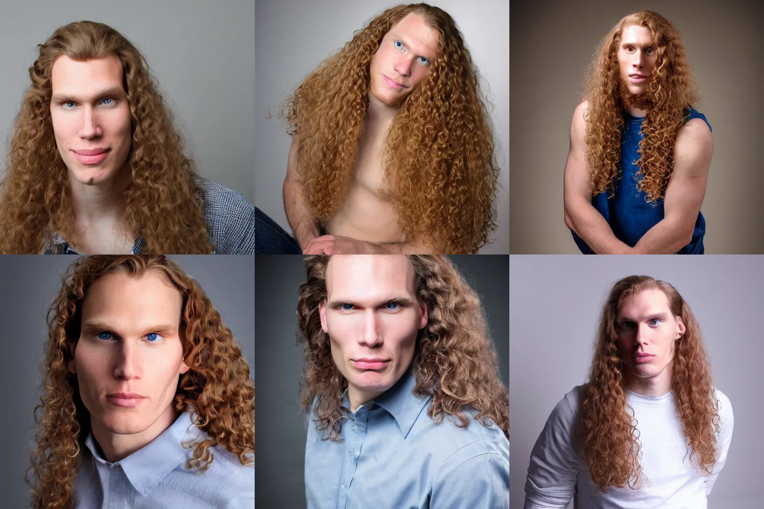 Prompt: jerma 9 8 5 with long curly blond hair posing for a studio photoshoot