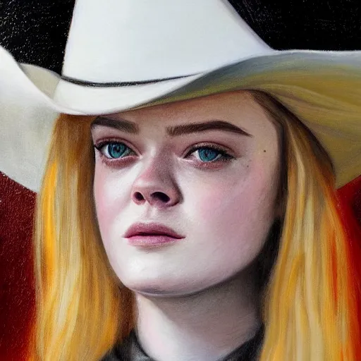 Image similar to ultra realistic portrait painting of elle fanning as a western outlaw, art by erick arciniega, 4 k, ultra realistic, highly detailed, epic lighting