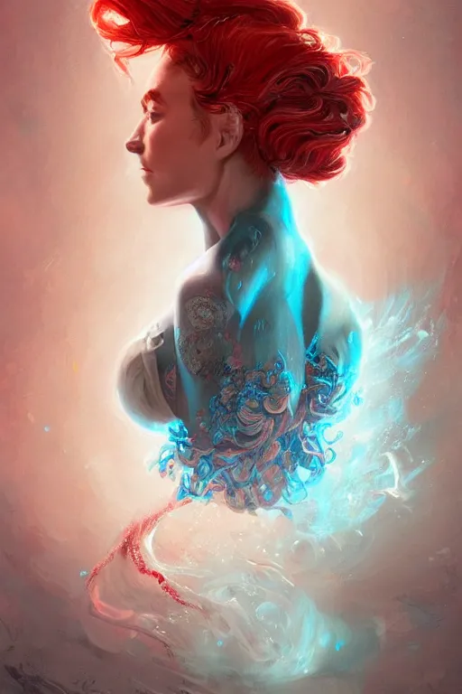 Prompt: an insanely detailed bust up portrait of a beautiful woman facing you, highly detailed features, sparkling blue eyes, long eyelashes, short electric blue hair, beautiful smile, red dress, in the style of peter mohrbacher, artgerm, dramatic lighting and composition, octane render, trending on artstation, concept art 8 k