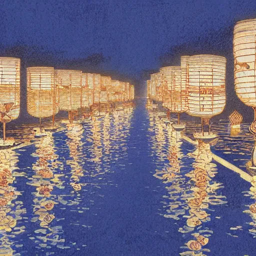 Image similar to concept art, river lanterns on the eve of ullambana festival, high resolution, by james gurney, katsushika hokusai, fujishima takeji, hiroshi yoshida, artstation