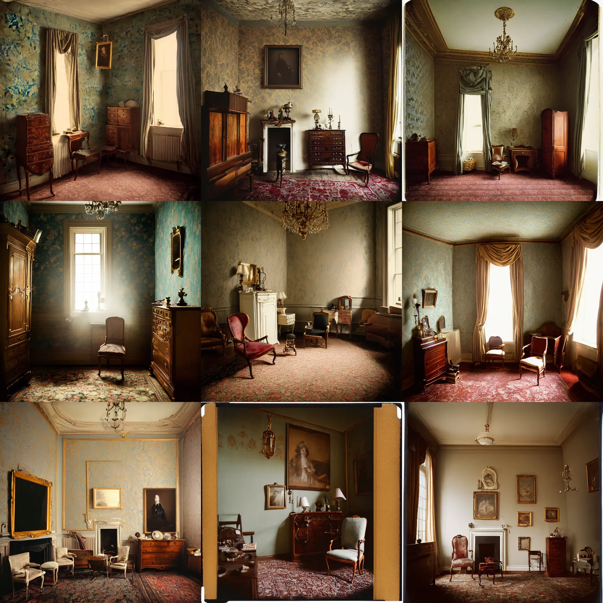 Prompt: kodak portra 4 0 0, wetplate, 8 mm extreme fisheye, award - winning portrait by britt marling of a 1 7 5 0 s room, picture frames, shining lamps, dust, smoke 1 7 5 0 s furniture, wallpaper, carpet, interior, muted colours, fog