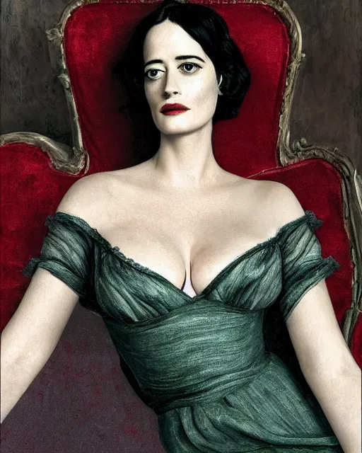 Image similar to portrait en buste of eva green in repose vesper lynd in repose vannessa ives in repose by Hughes Merle, perfectly detailed eyes, realistic fabric, abundant detail