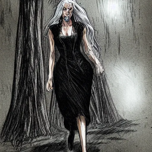 Image similar to tall slender woman with long grey hair in a black dress walking out of a swamp, concept art, high resolution, high quality, highly detailed, wide angle, elaborate, by ec comics,