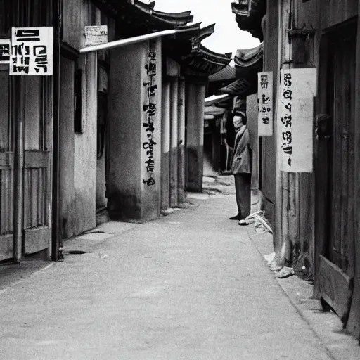 Image similar to 1950s Korean thriller film noir, a view of Shin Sang-ok in the middle of an empty scene, 35mm film, Cooke Varotal 20-100 T3.1