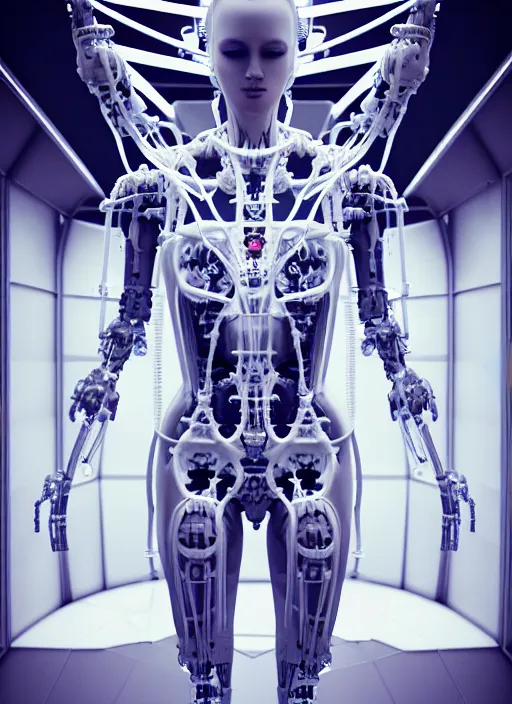 Image similar to dark high detailed space station interior a statue jesus on cross made of white marble, perfect symmetrical body, full body shot, inflateble shapes, wires, tubes, veins, jellyfish, white biomechanical details, wearing epic bionic cyborg implants, masterpiece, intricate, biopunk, vogue, highly detailed, artstation, concept art, cyberpunk, octane render