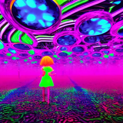 Image similar to Little girl wandering among many giant glowing mushrooms, Neon colors, psychedelic art, trippy, 4k, HQ, Trending on Artstation