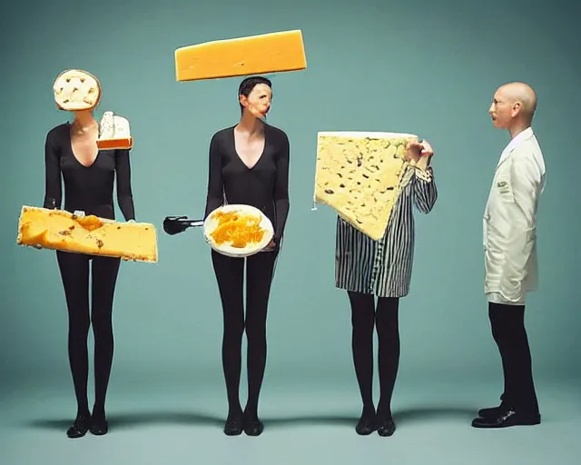 Prompt: incredible strange absurd artwork of androids tasting cheese, finding it very weird, weird tasting ritual of cheese products in the style of tim walker fashion photography