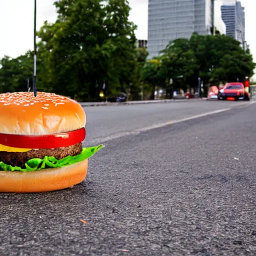 Image similar to a cheeseburger crossing the street