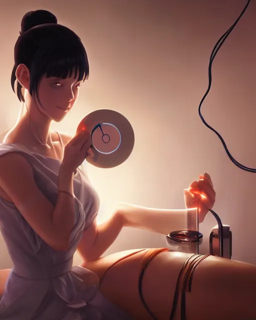 Image similar to goddess getting her blood pressure taken, ambient lighting, full shot, detailed face, 3 d shading, by makoto shinkai, stanley artgerm lau, wlop, rossdraws