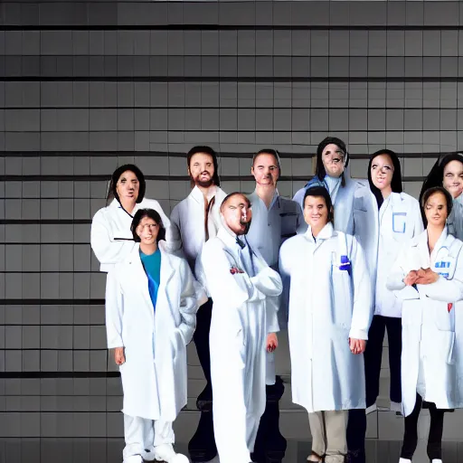 Image similar to a team of futuristic scientists standing for a group photo