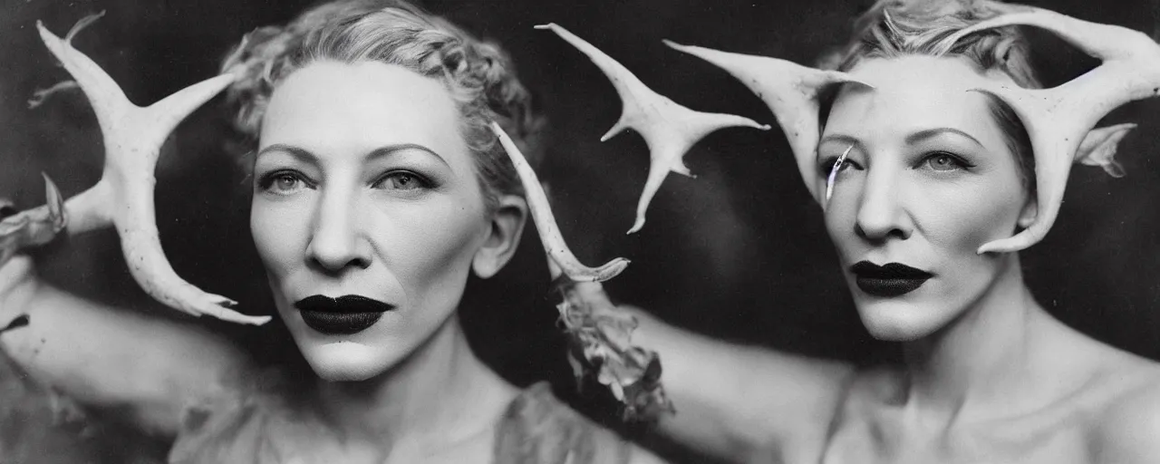 Prompt: 1920s portrait photography of cate blanchett transforming into a monster, edelweiss growing out of his face, goat horns on his head